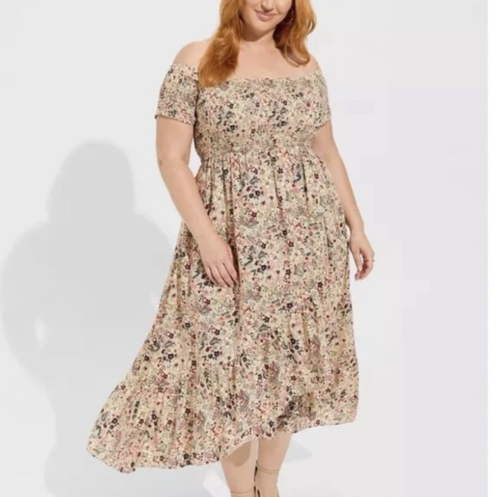 NWT Torrid Maxi Challis Tulip Hem Off Shoulder Dress Plus Size 3X Floral Ivory